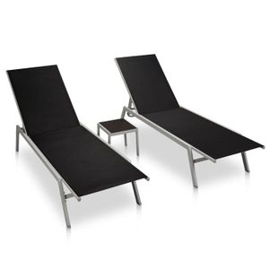 CHAISE LONGUE Lot de 2 transats chaise longue bain de soleil lit de jardin terrasse meuble d exterieur avec table acier et textilene n