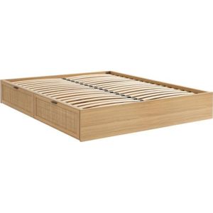 STRUCTURE DE LIT Cadre de lit à tiroirs - BAÏTA - Gamme AMANA - Effet chêne et cannage rotin - 140 x 190 sommier inclus