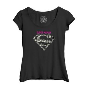T-SHIRT T-shirt Femme Col Echancré Noir Super Maman Zébré Logo Super Héros