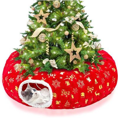 Tunnel De Noël Pour Chat Avec Lit Intégré - Décoré Sapins Et Boules, Avec Balle Et Judas - Pliable