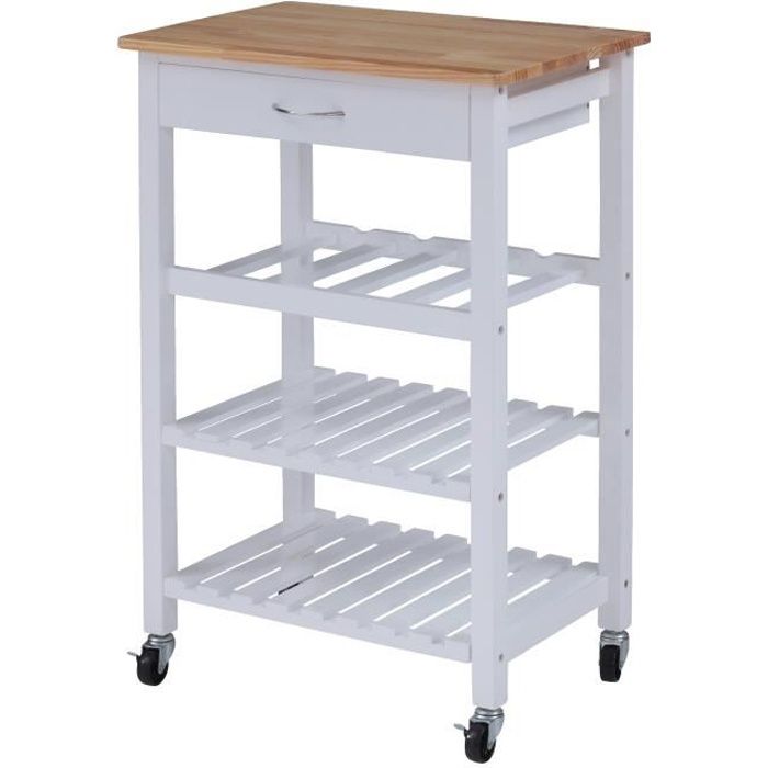 ANDRIA Desserte cuisine à roulettes plateau pin massif L 58 cm - Blanc ...