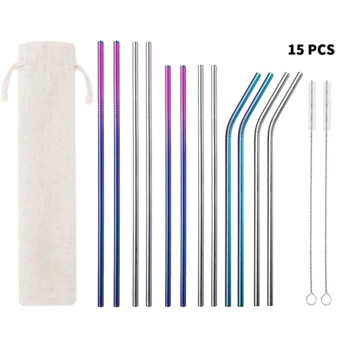 12Pcs Pailles en Acier Inoxydable Reutilisable + 2Pcs Brosses de Nettoyage Ecologique, Pailles Inox 8 Droites + 4 Courbes