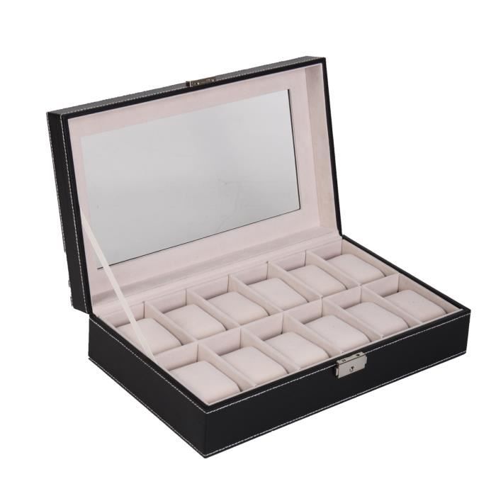 Coffret à Montres Boîte à Montres Boite de Rangement Présentoir Montres 12 coussins éxtérieur noir intérieur blanc