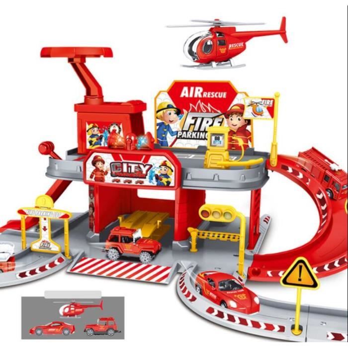 Parking Garage Voiture pour Enfants Grand Circuit Garage de Simulation Parking Jouet avec Lumière et Musique Rouge