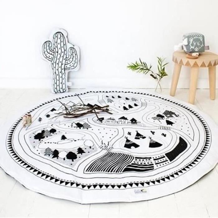 Tapis chambre bébé rond écologiste Carpet de jeux enfants Blanc et Noir imprimée diamètre 95cm pour les enfants entre 0-6 ans