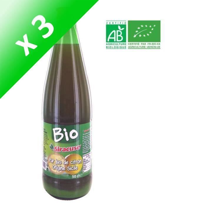 SIRACUSE Pur jus de citron Origine Sicile Bio (Lot de 3x 50 cl)