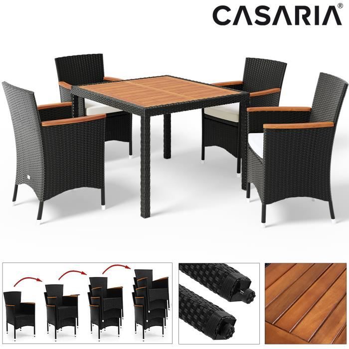 Salon de jardin en polyrotin noir Verona 4+1 table et chaises empilables coussins 7 cm ensemble de jardin meuble de jardin extérieur