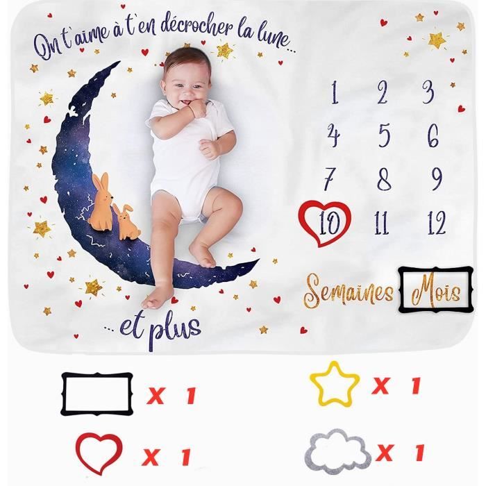 KENLUMO Couverture Etape Bébé en FRANÇAIS,Couverture Mensuelle pour Bébé Unisexe,Thème Lune,Douce et Épaisse,Couverture Photo