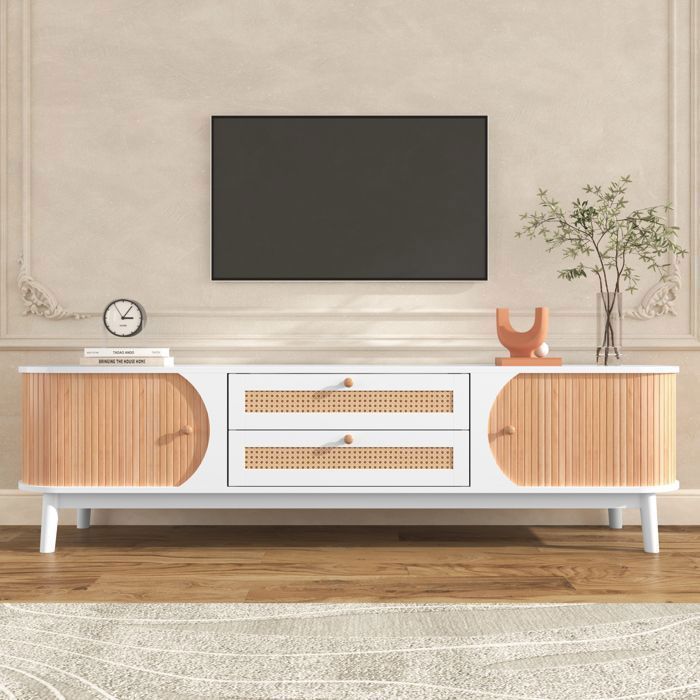 Meuble TV Blanc - Portes - Tiroirs - Banc TV  Côtés en Rotin - 170 x 395 x 46 cm