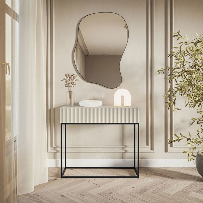 Table console avec tiroir - VELDIO - debout - 90 cm - grėge - avec pieds noirs
