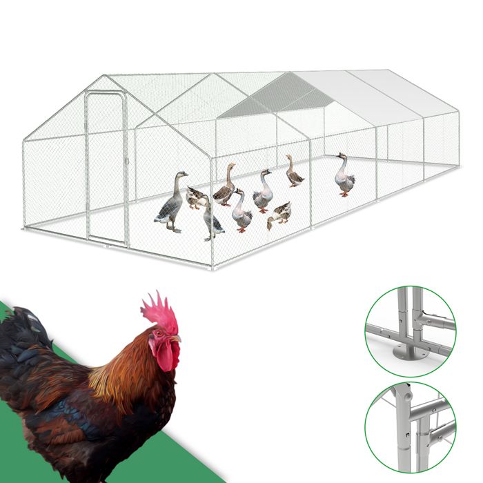 Comparer les prix de Clanmacy Enclos Poulailler - Grand Enclos Poule Oie Métal Bâche Imperméable Toit Pointe 3x8x2m pour la volaille POULAILLER