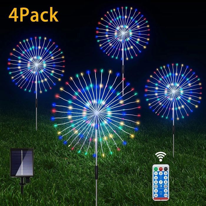 Lot de 4 lampe solaire à LED feu dartifice lumière extérieure décoration de jardin 120 LED Décoration de Noël