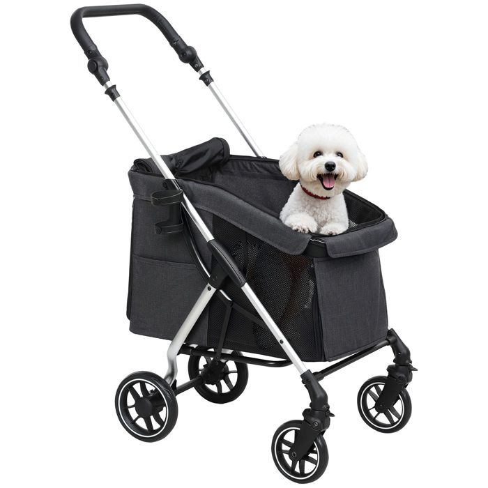 Poussette buggy chien 4 roues pliable - nombreux équipements - alu oxford gris