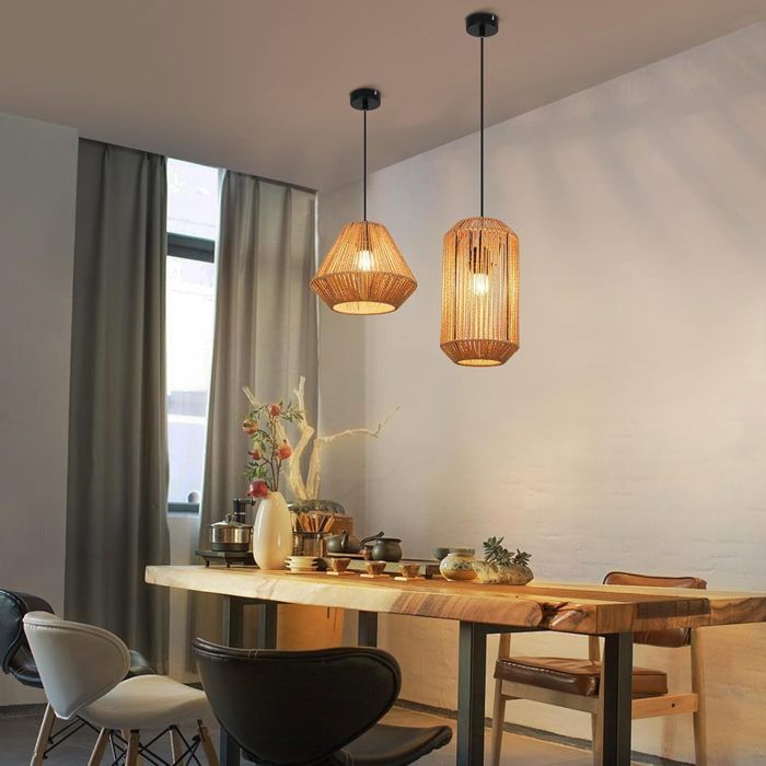 Lampe suspension rotin naturel NETTLIFE 1 lumière Design bohème chic métal noir Long Luminaire E27 pour salle à manger salon