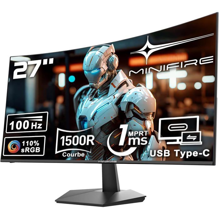 Écran Pc 27 Pouces Full Hd (1920X1080) Avec Haut-Parleurs Intégrés100Hz1Ms1500R Eye Care Et FreesyncType-C 2.5W- Noir