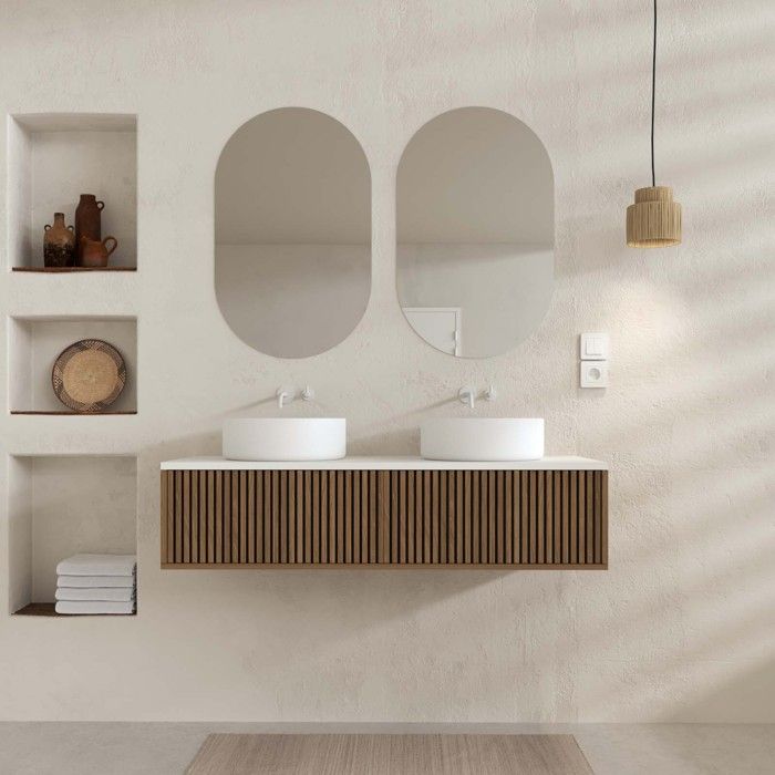 Meuble Salle de Bains 120 2 Tiroirs Décor Chêne et Noir - Vasques et Plan Blancs - Miroirs Ovales