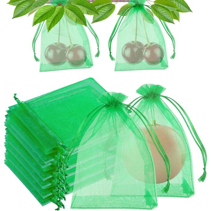 100 Sacs De Protection Pour Fruits 15x10cm Filets Avec Cordon - Protection Arbres Fraises Myrtilles Légumes (Vert)
