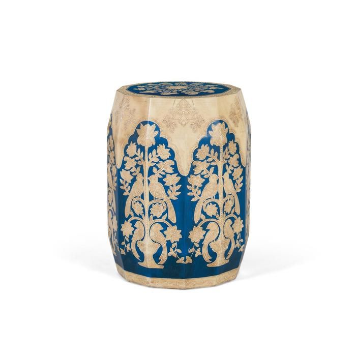 Tabouret Ethnique - Bois de Manguier - Peint à la Main - Motifs Floraux - Bleu