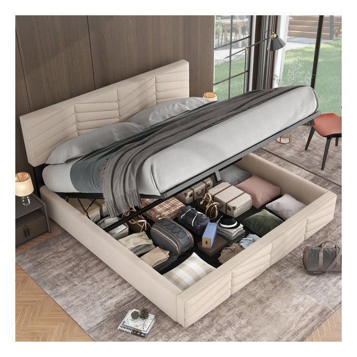 Lit Double 160x200 cm avec Sommier à Lattes Structure de Lit avec TêTe de Lit RéGlable en Hauteur Lit Coffre Adulte Beige