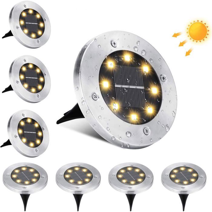Lampe solaire extérieure AIMOONSA 8 LED - Spots encastrables inox IP65 blanc chaud