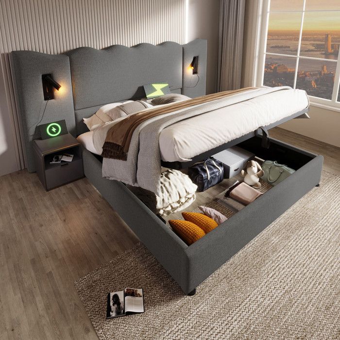 lit coffre 160x200 Lit rembourré avec rangement et recharge USB Type-C lit avec sommier et lampe de lecture gris lin (sans matelas)