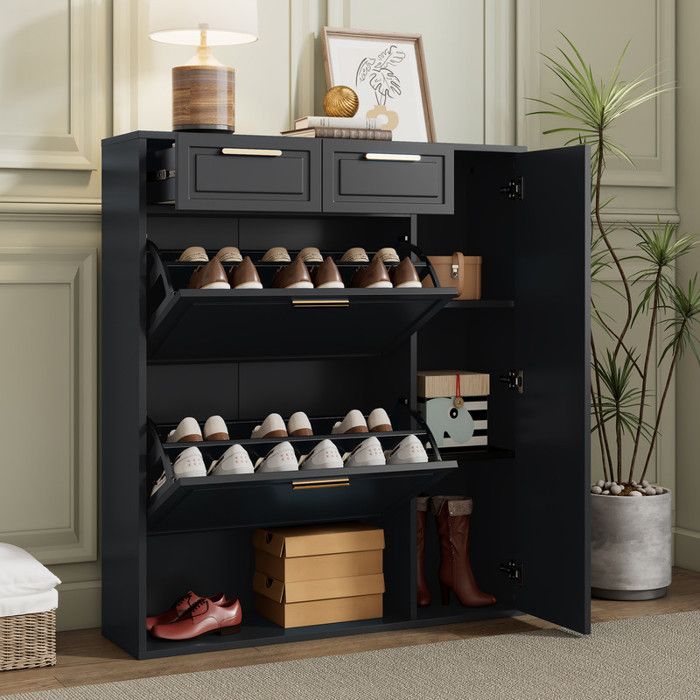 Meuble à Chaussures Noir Moderne - Étagères Réglables&Poignées Dorées - Anti-Renversement - 95x24x107 - Meuble Entrée Haut de Gamme