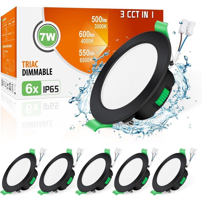 ALUSSO LED Encastrable Spot Dimmable 230V 7W 3CCT Étanche IP65 Plafonnier pour Salle de Bain Salon Lot de 6 Rond Noir