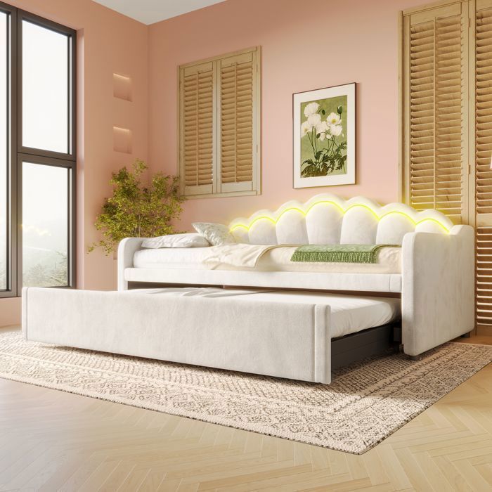 Lit Banquette Rembourré - 90x200 cm - Velours Beige - Lit Gigogne - LED Intégré Lit Banquette Rembourré - 90x200 cm - Velours Beige - Lit Gigogne - LED Intégré