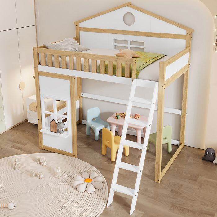 Lit lit enfant 90x200 cm Lit Mezzanine superposé Lit avec escalier avec protection contre les chutes et barrières Blanc+Naturel