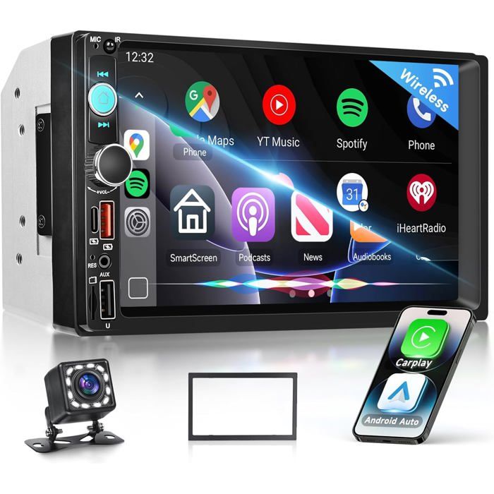 Autoradio 1 DIN Avec écran Tactile Rétractable 7 Pouces - CarPlay & Android Auto Sans Fil, Bluetooth 5.1 - Compatible Caméra De Recul, Commandes Au Volant - 2 USB/Type-C/SD/AUX