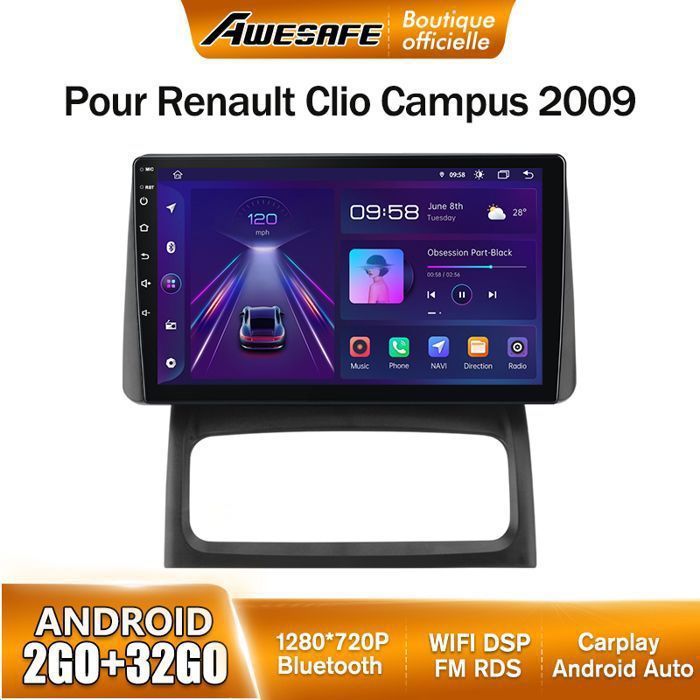 AWESAFE Autoradio Android 13 Pour Renault Clio 2 Clio Campus 2009 2Go+32Go 9'' Écran Tactile Carplay GPS Android Auto - Auto