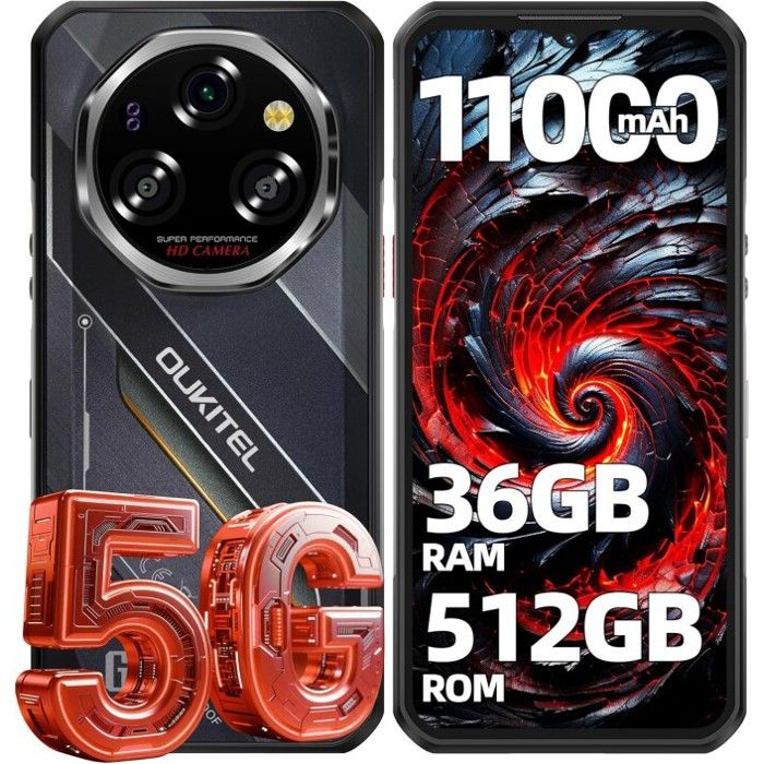 OUKITEL WP62 5G Smartphone Robuste - 36Go + 512Go - 11000mAh - FHD+ 66” - 108MP - Android 15 - NFC GPS Double SIM - Noir