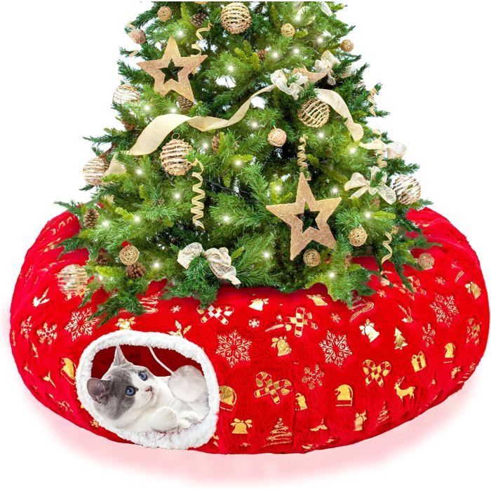 Tunnel-Lit de Noël pour Chat - MICH - 3 en 1 - Polaire double face - Tapis détachable - Protège décoration de sapin