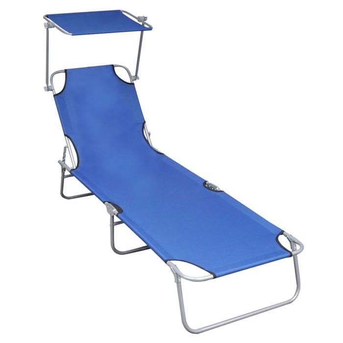 Chaise longue pliable avec auvent - VIDAXL - Bleu - Aluminium - 188 5x57 5x27 cm - Capacité 120 kg - Dossier réglable