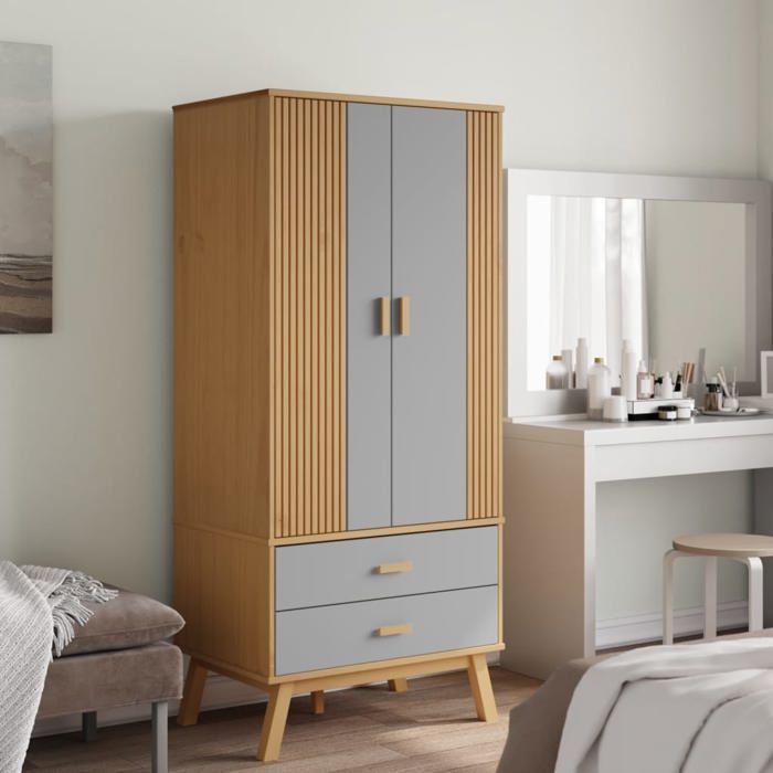 Gris Garde-robe JILLS Armoire penderie Pour chambre OLDEN gris et marron 765x53x172 cm bois massif pin LV1516