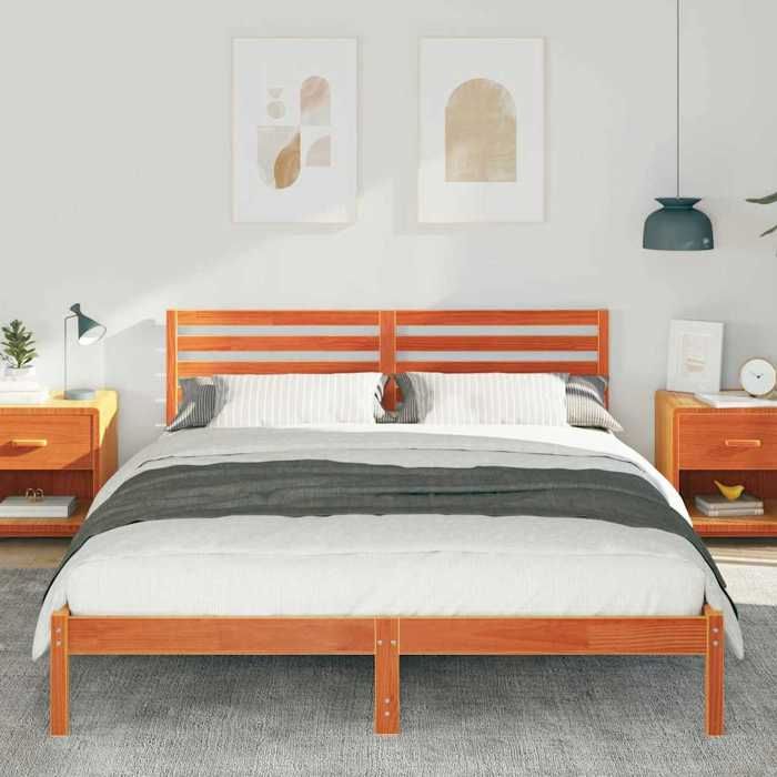 Structure de lit en pin massif - UU - 160x210 cm - Marron cire - Cadre à lattes - Durable - Facile à nettoyer