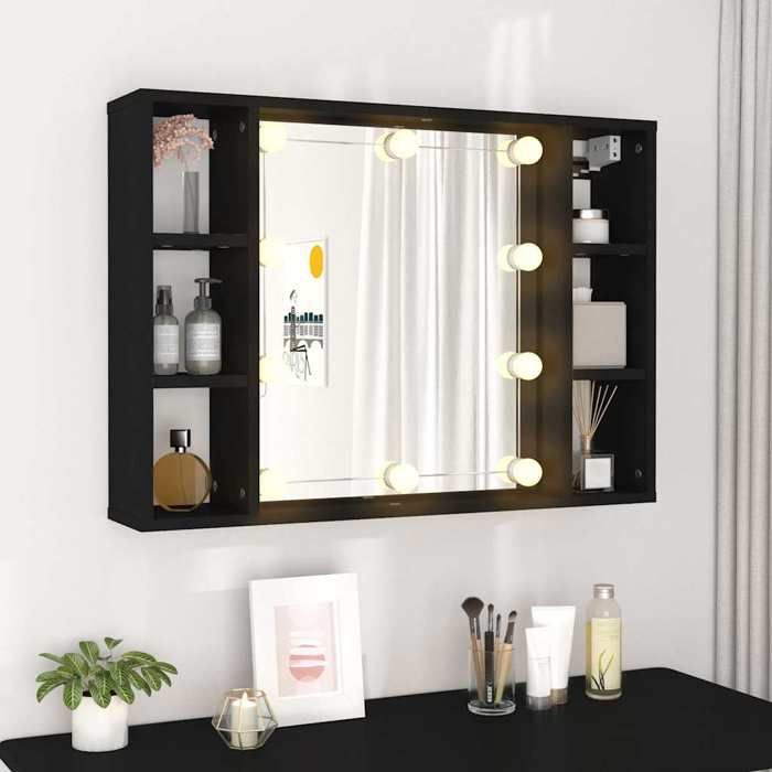 Armoire à miroir avec LED - WIENS - 76x15x55 cm - Noir - Bois dingénierie - 6 compartiments - Fixation murale