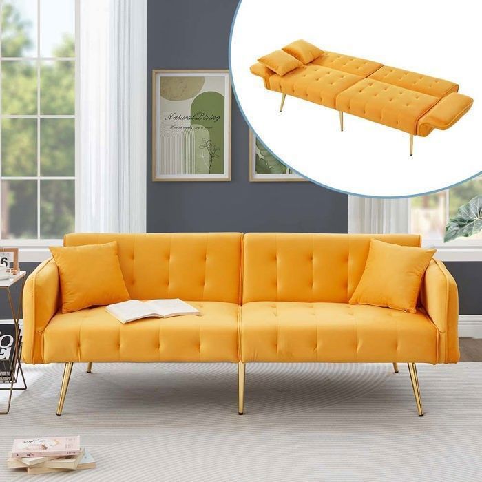 Canapé convertible 2 places - Dossier réglable - Tissu velours jaune - Couchage 80x200 cm - Bois massif