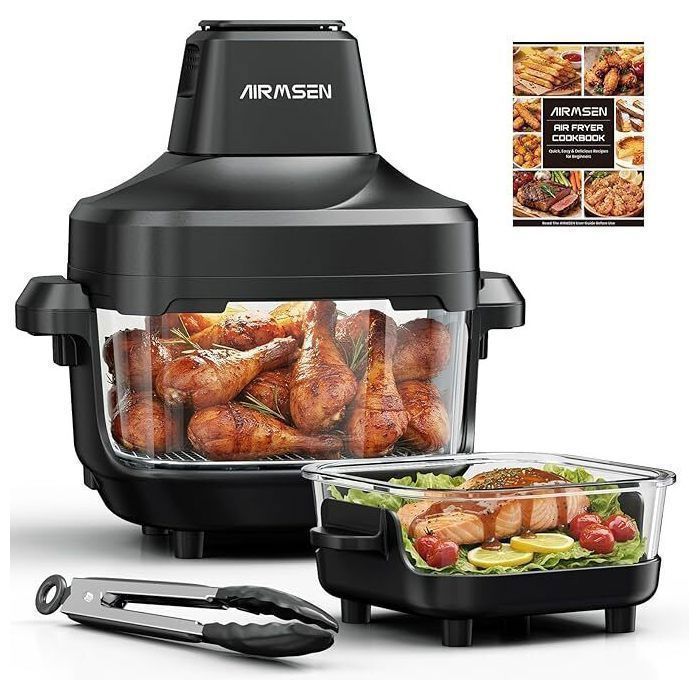 AIRMSEN Friteuse sans Huile 57L (2 Zones) 1500W Air Fryer 4 Programmes Température Temps Réglables Cuisson Visible Saine Frites