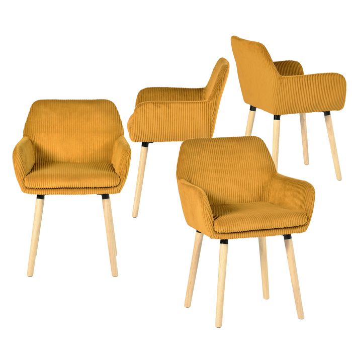 MEUBLES COSY Lot de 4 chaises de salle à manger de style scandinave avec pieds en bois et accoudoirs en velours côtelé jaune - ELIA