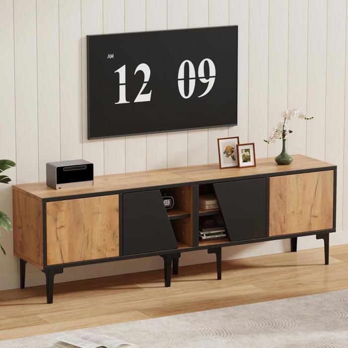 Meuble TV bas avec rangement et 4 compartiments-7 pieds de support-Adapté pour télévision 65 pouces-160 x 36.5 x 45cm-Couleur bois