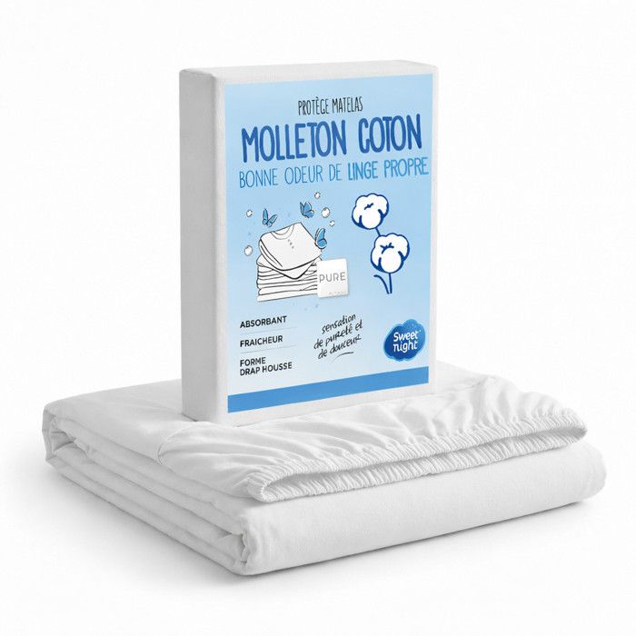 Sweetnight - Protège Matelas 180x200 - Molleton 100% Coton - Senteur Linge Propre aux Perles de Fleurs - Forme Drap Housse