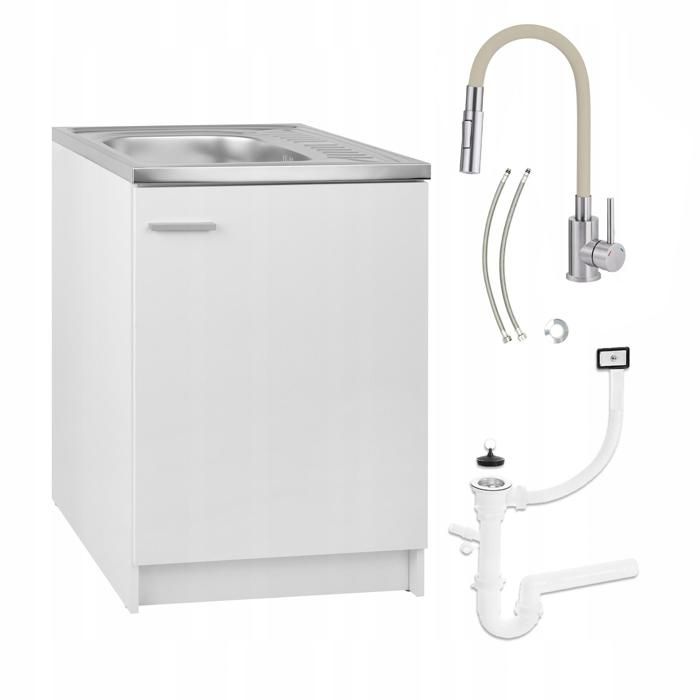 STAMAR Meuble sous Évier 60 cm Blanc + Évier Deante Inox + Robinet Extensible 2-en-1 Beige + Siphon LV - 60x50x82 cm