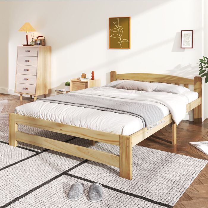 Lit double en bois massif naturel avec tête de lit et sommier à lattes