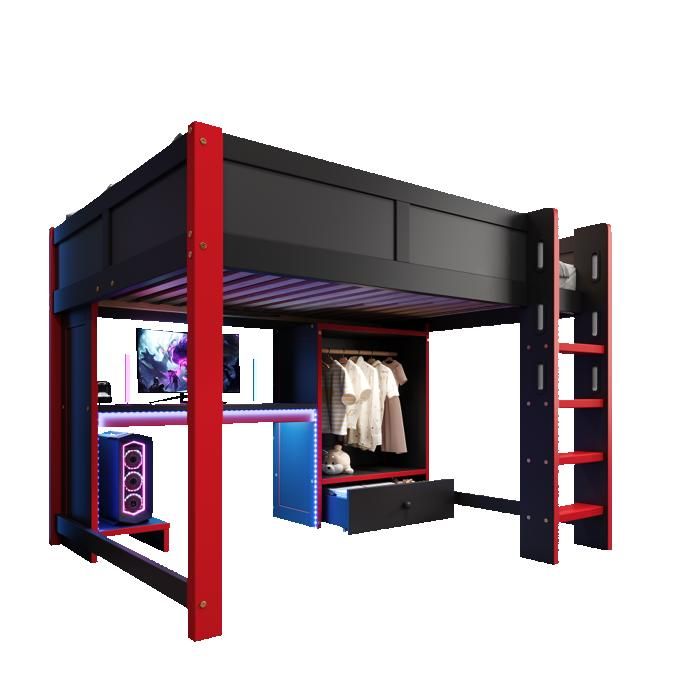 Lit Mezzanine Gamer 140x200cm Noir Et Rouge LED Bureau Échelle Armoire Grands Tiroirs Rangements Sans Matelas