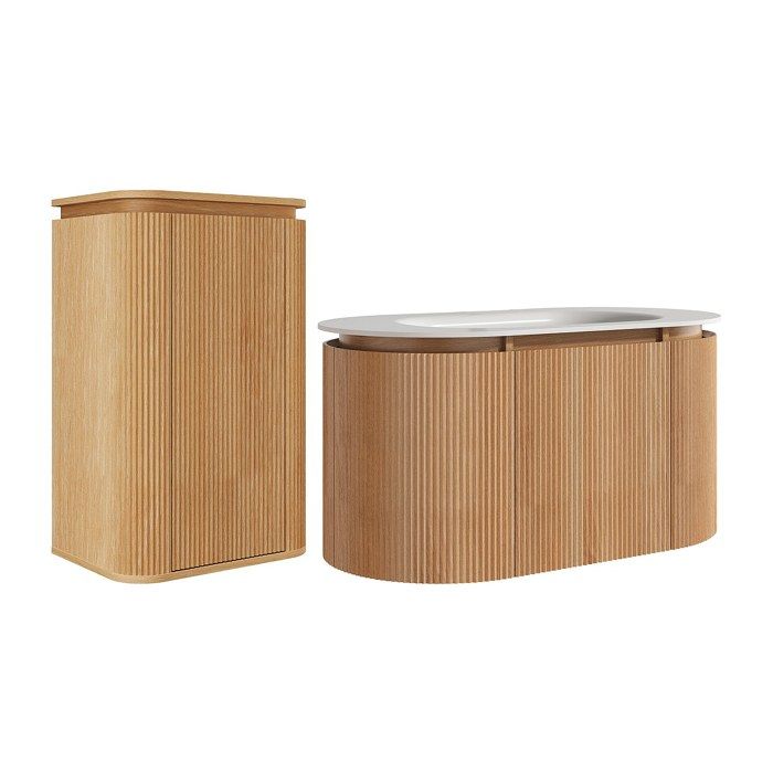 Meuble de salle de bain suspendu strié en bois de frêne avec vasque à encastrer et colonne – Naturel clair - 90 cm - LILIKO