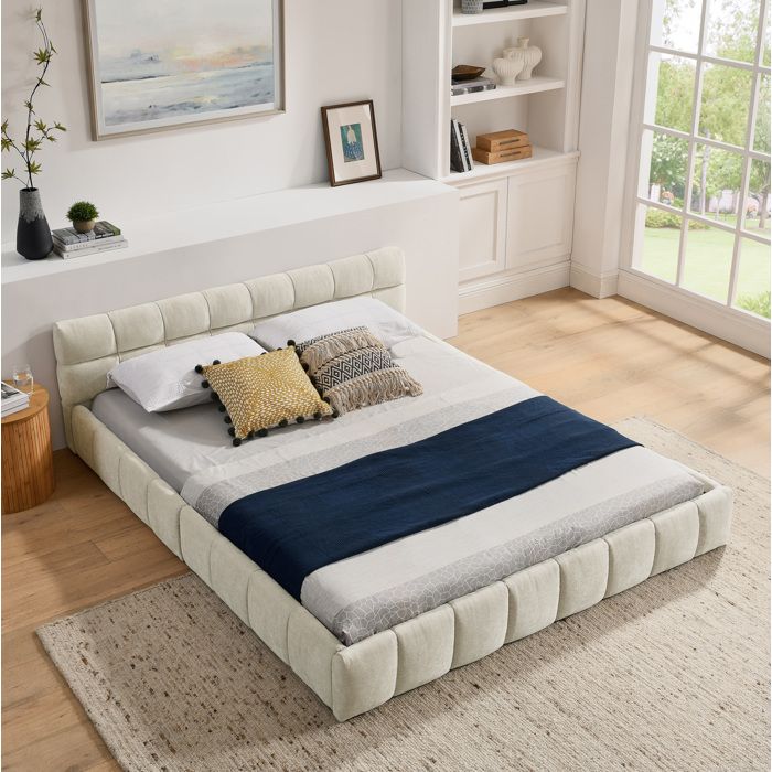 Lit double 160 x 200 cm EVRYAE en chenille beige structure en eucalyptus et fer sommier à lattes sans matelas