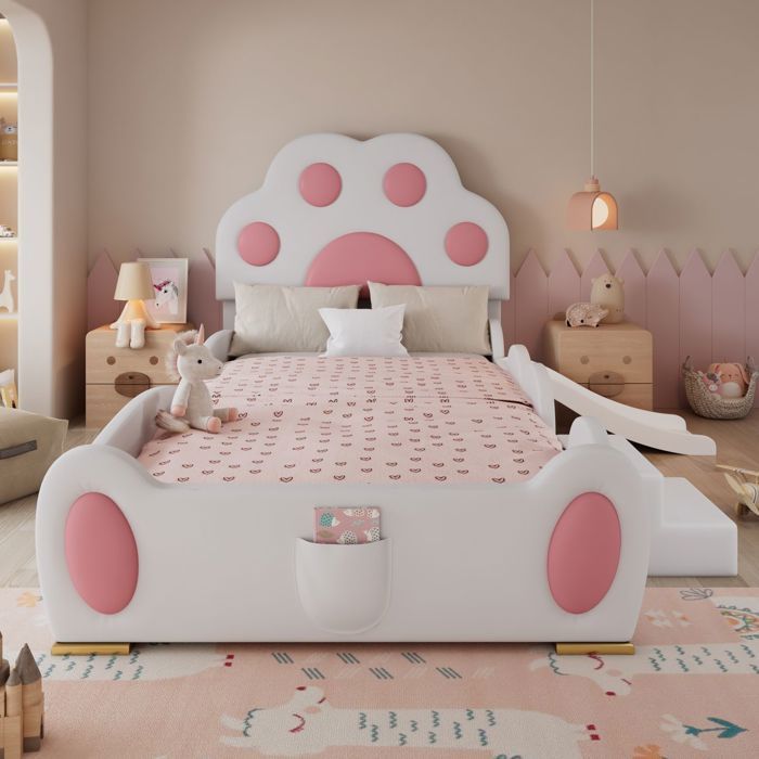 Lit une personne - Capitonné tête de lit « patte de chat » - 90x200 cm - Toboggan + échelle 2 marches - PU bicolore (rose/blanc)