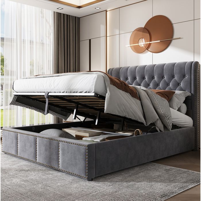 ULEVR lit coffre 140 x 200 cm en velours gris avec ouverture hydraulique sommier a lattes et banc de rangement