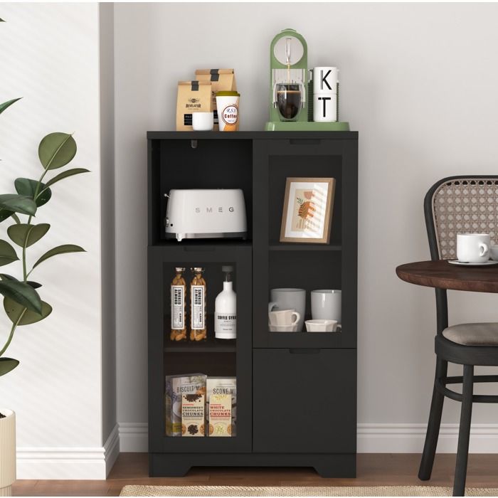 Buffet Haut 2 Portes en Verre 2 Niches Ouvertes et 2 Étagères Réglables pour Salon MDF Noir 65×30×100 cm - UVRION